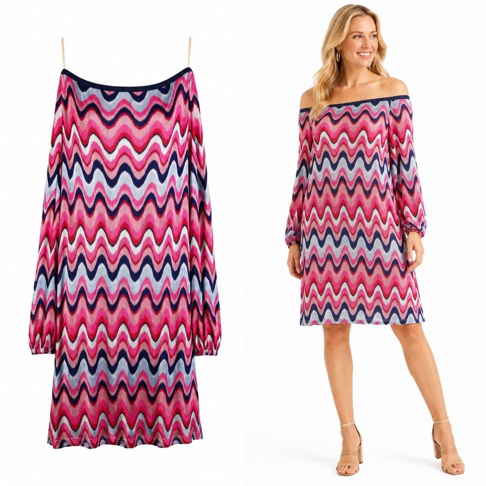 Trina Turk Fresh Dress Womens 2 Chevron Off Shoulder Multicolor‎ Summer Midi
